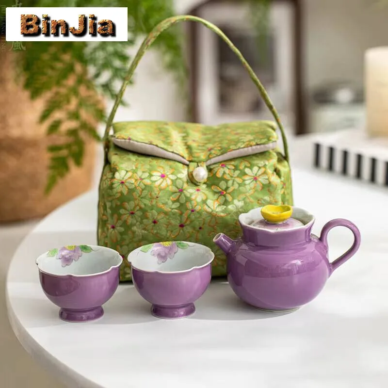 

Ручной рисунок фиолетового пиона, дорожный чайный сервиз, бутик, портативный набор для хранения, древний 1 горшок, 2 чашки, украшение, подарок