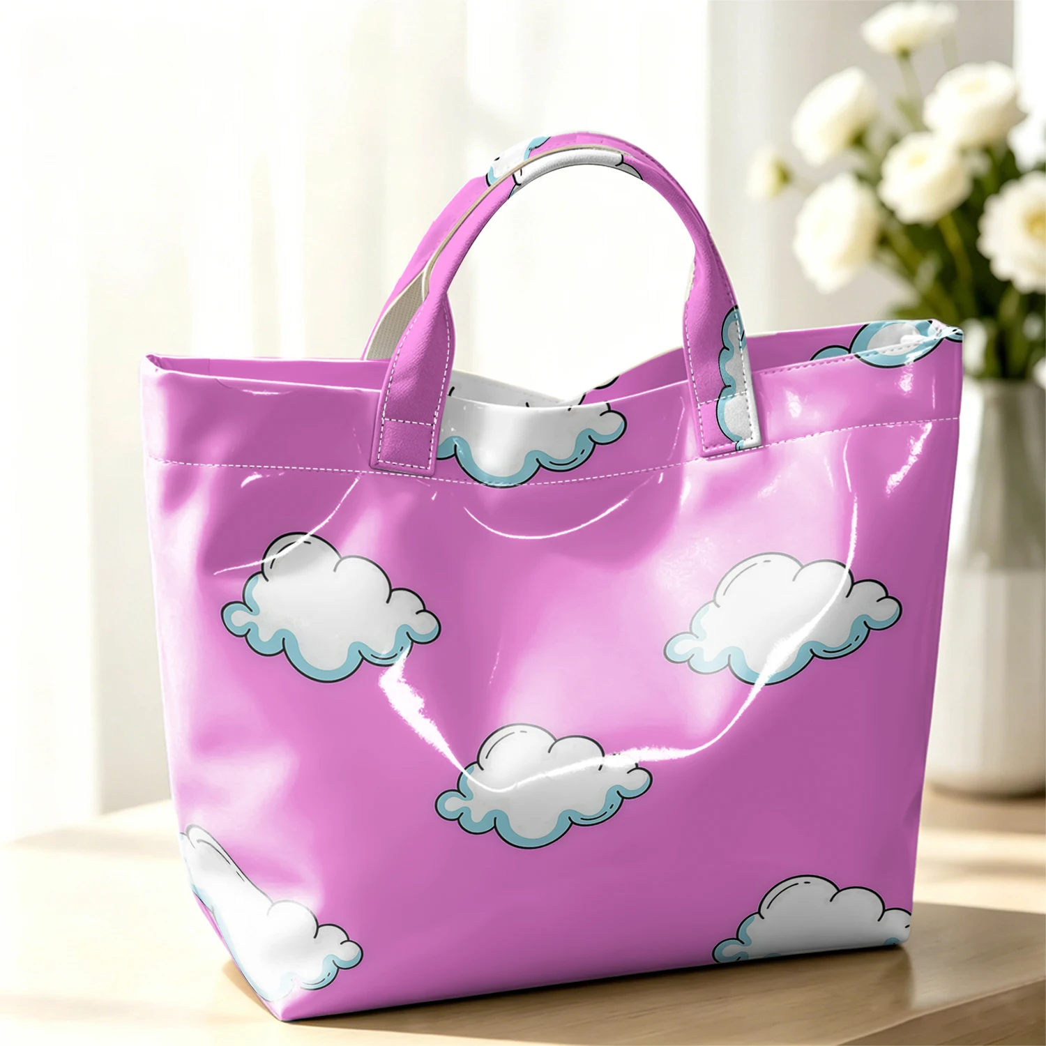 Pink Cartoon Cloud Stylish Large Glossy PVC Tote Bag Washable Waterproof Durable Ideal for Travel Commute Cosmetics Handbags
