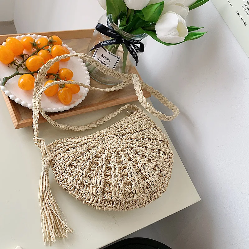 Mode Halbkreis Stroh Gewebt Schulter Umhängetasche Reise Kleine Handtasche Damen Sommer Handgemachte Rattan Quaste Design Strand Tasche – Detail 16