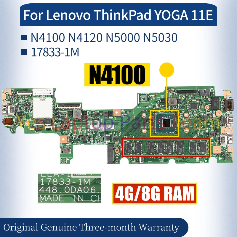 17833-1M For Lenovo ThinkPad YOGA 11E Laptop Mainboard N4100 N4120 N5000 N5030 RAM 4G 8G Notebook Motherboard 100％ Tested