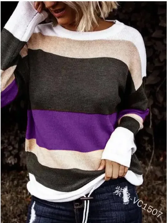 Fall Sweaters Round Neck Striped Cute Winter Pullover Sweaters for Women Trendy 2023 Drawstring