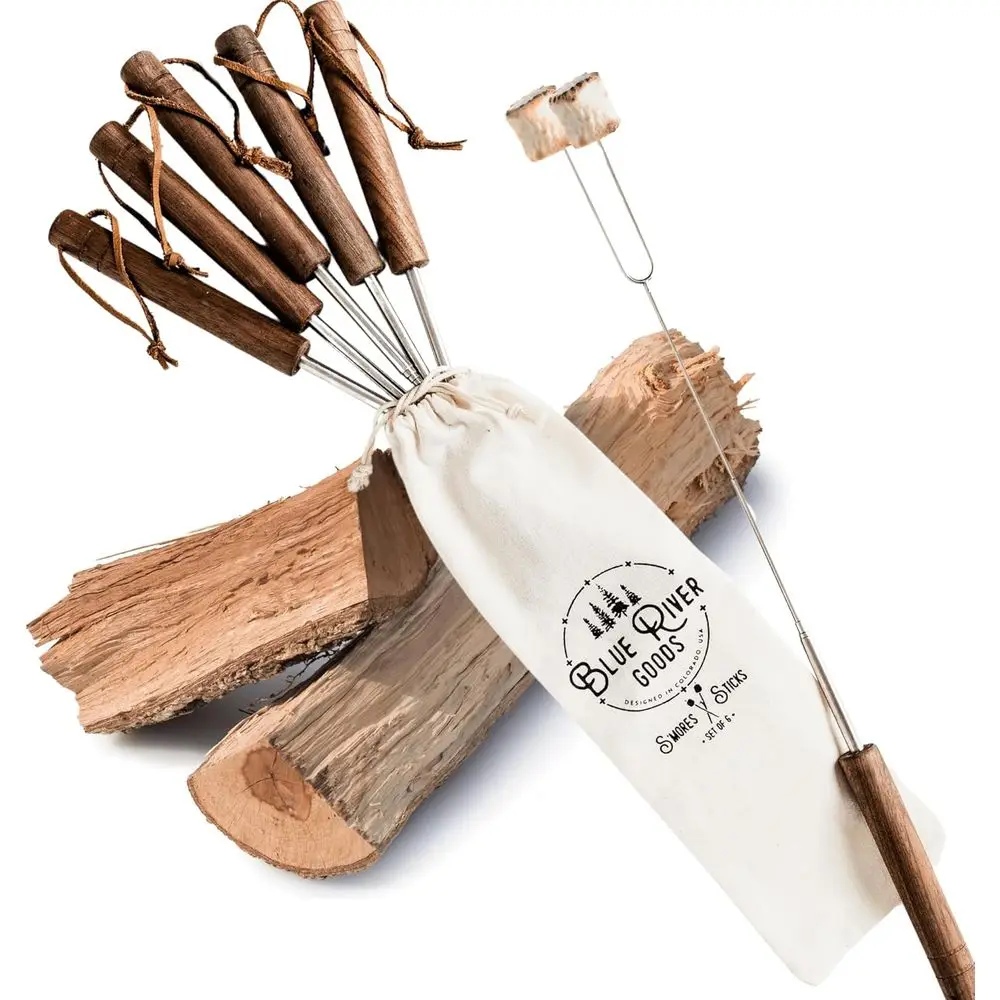 Set of 6 Stainless Steel Marshmallow Roasting Sticks with Walnut Handles | Perfect for S'mores and Campfire Cooking