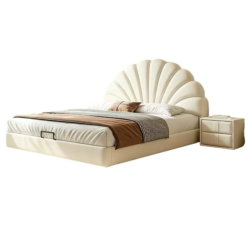 *Cream White Shell Shape Faux Leather Upholstered Platform Bed Modern Soft Bed for Kids Bedroom Furniture