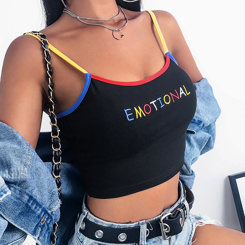 2024 Summer Women Crop Top Cropped Ladies Spaghetti Strap Elastic Camisole Sexy EMOTIONAL Letter Embroidery Tank Tops