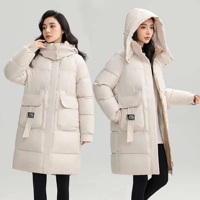 Maxi Coats Parkas Women Autumn Winter Jacket Thick Warm Loose Casual Hooded Zipper Stand Collar Pockets Elegant Splice Coat