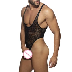 Men Undershirts Sexy Mesh Lace Exotic See Through Bodysuits Wetlook Penis Pouch T-back Gay Jumpsuits Leotard Vest Slip Underwear