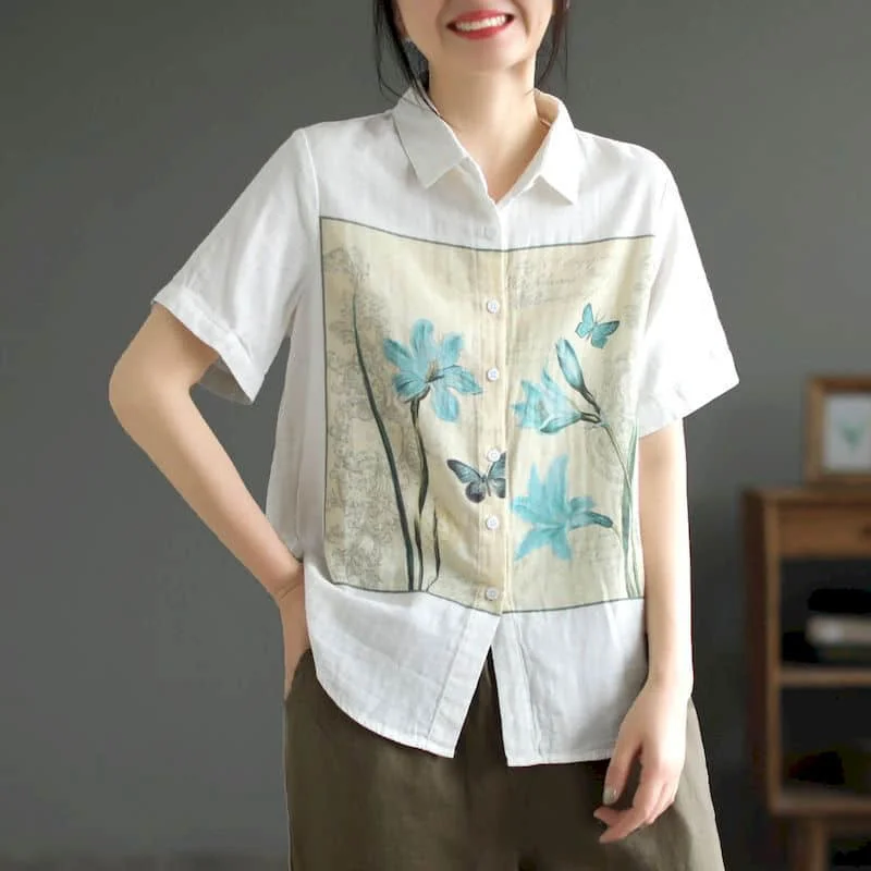 

Белая женская рубашка с принтом, летняя винтажная рубашка-поло в стиле Харадзюку, свободные однобортные Женские топы с полурукавами