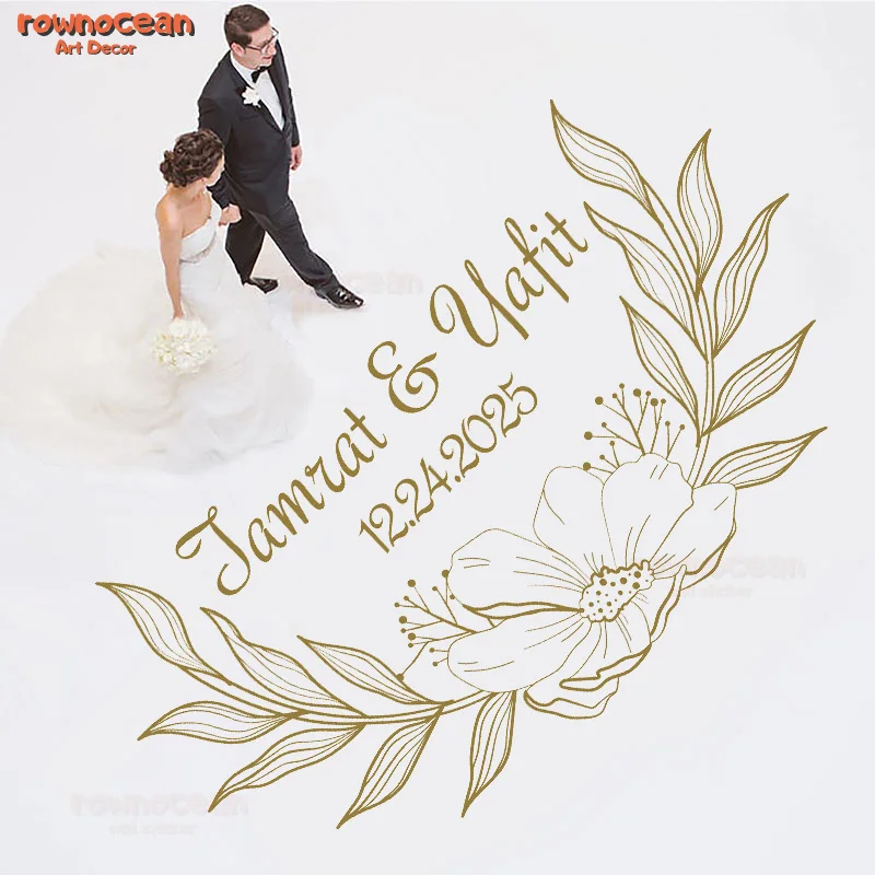 Custom Groom Bride Name & Date Wedding Dance Party Floor Decal Flower Pattern Design Vinyl Removable Wedding Decor Sticker Q084