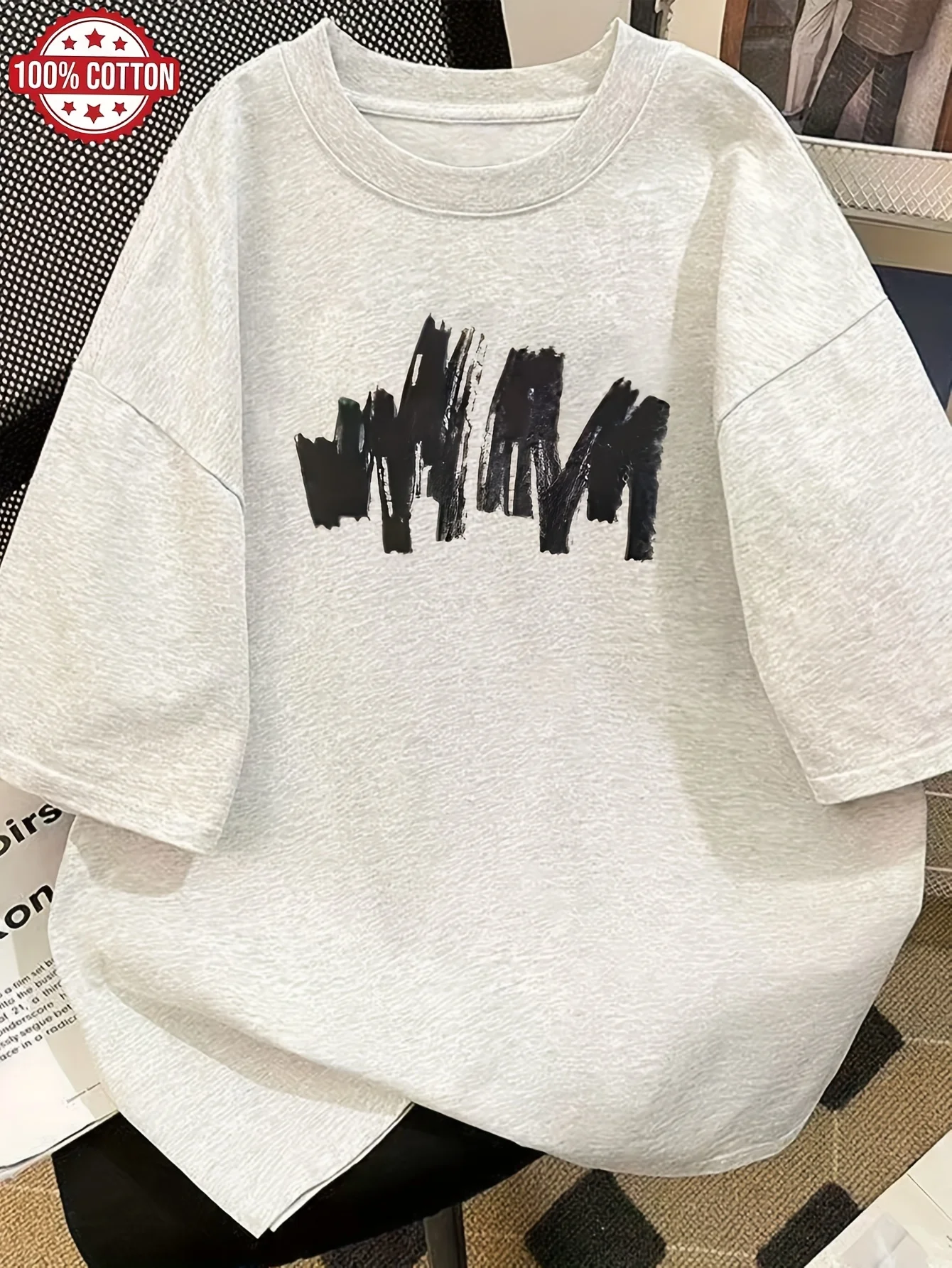 Trendy Summer Abstract M Print Round Neck Women's Clothing, Comfortable and Casual Girl's T-shirt, Energetic Daily Short Sleeved