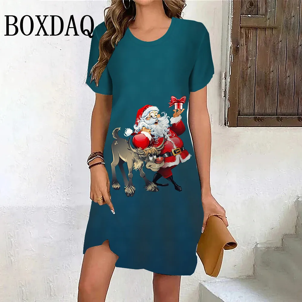 Christmas Party Women's Dress Print Funny Cute Casual Sweet Santa Claus Fashion Short Sleeve Xmas Festival New Year 2024 Dresses