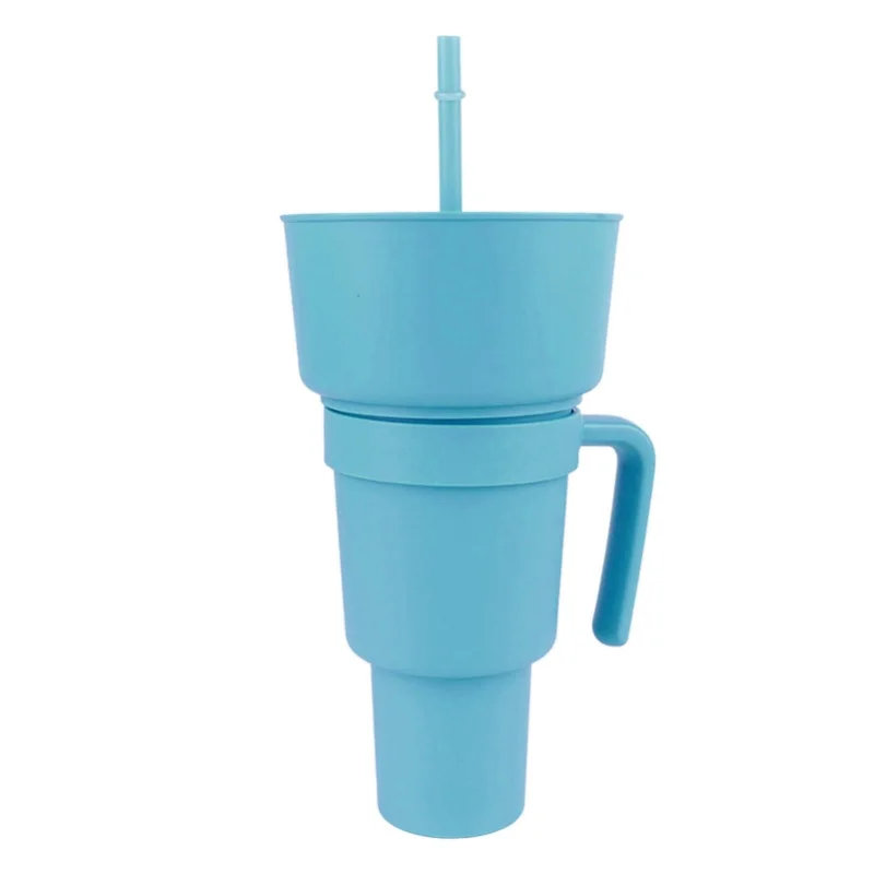 C9 2 In 1 Snack Drink Cup With Straw Large Opening Plastic Beverage Cup Top Snack Bowl For Movie Theater Home Travel Light
