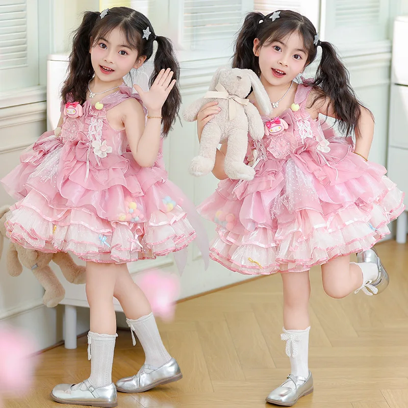 

Cartoon Melody Girls' Lolita Princess Dress Sleeveless Pink Dress Children Kawaii Summer Party Mesh Puffy Dress Cake Skirt