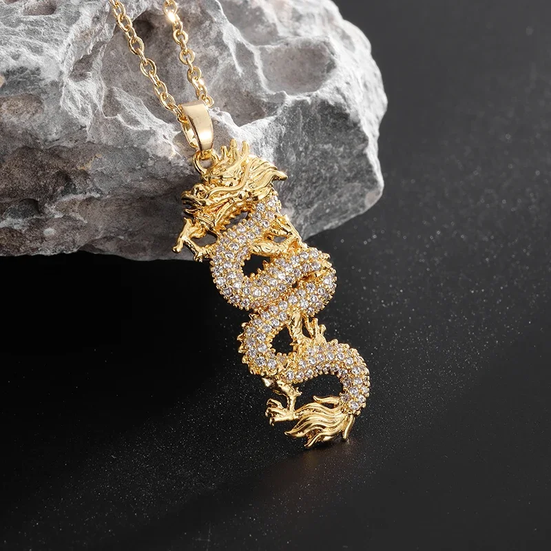Exquisite Shining Cubic Zirconia Auspicious Dragon Pendant Necklace for Men Women Fashion Lucky Amulet Jewelry Gifts