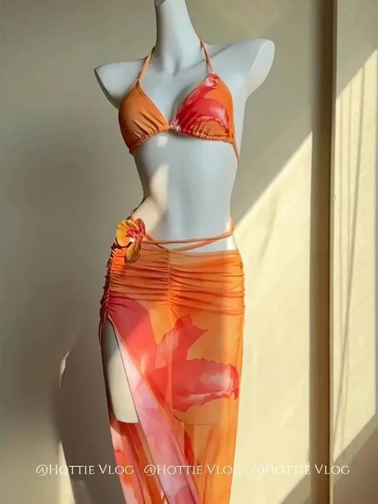 Vrouwen Sexy Strand Badpak 3-delige Sets Zomer Hotsweet Bikini Halter Tops Mode Slanke Lace Up Print Slit Lady Lange Rok