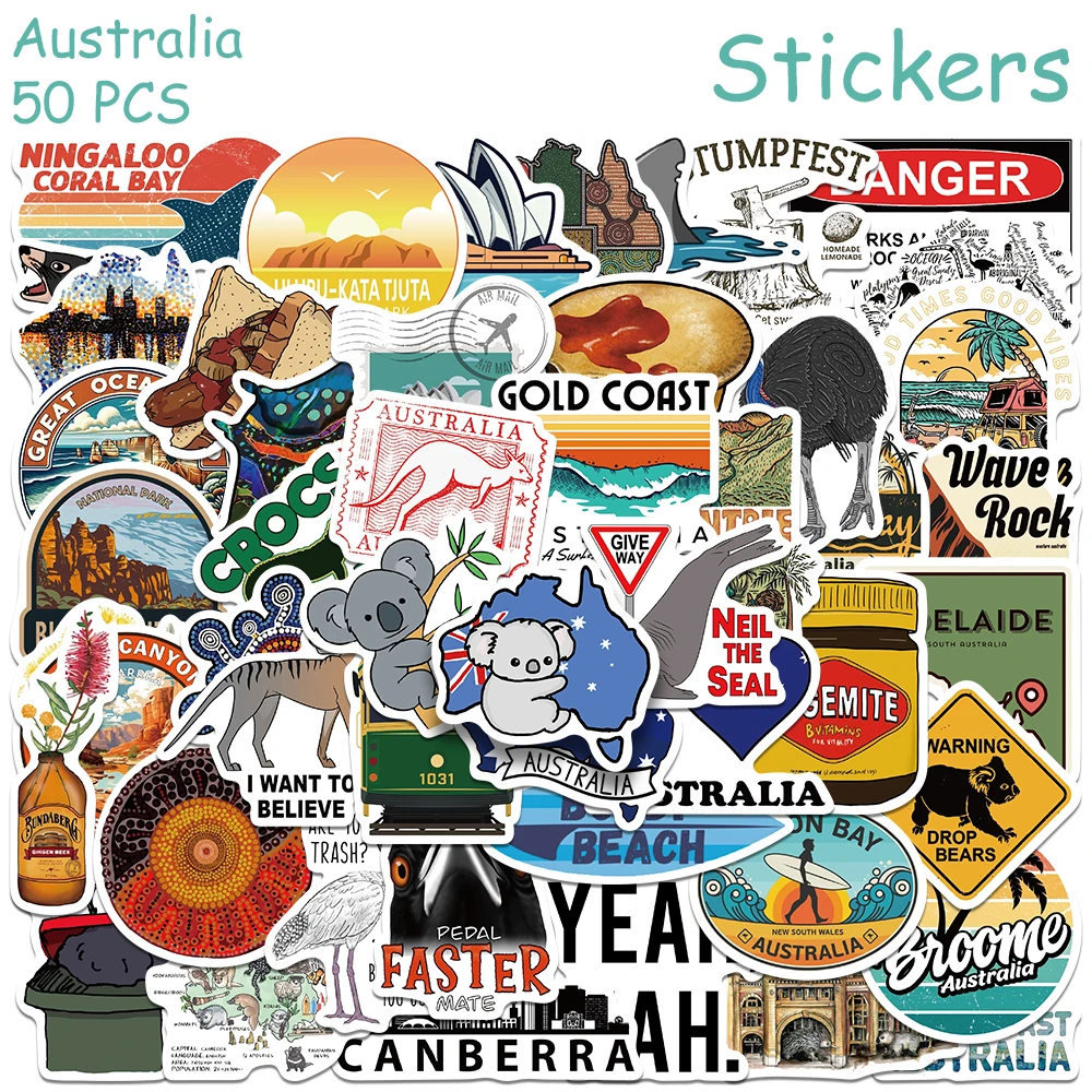 

50pcs Cartoon Australia Stickers Decals For Phone Laptop Suitcase Refrigerator Notebook Aesthetic Waterproof Stickers For Kids