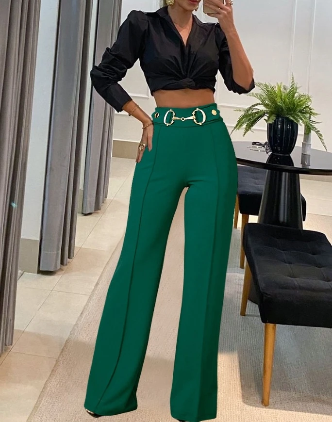 

Business Casual Women's Pants Urban Fashion Trouser Solid Color Button Mental Button Decor High Waist Causal Straight Leg Pants