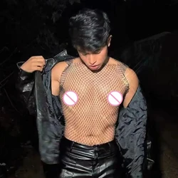 Nightclub Men's Tshirts Sexy Fishing Net Sleeveless Square Neckline Hollowed Out Paired Stage Costumes Tank Top for Men