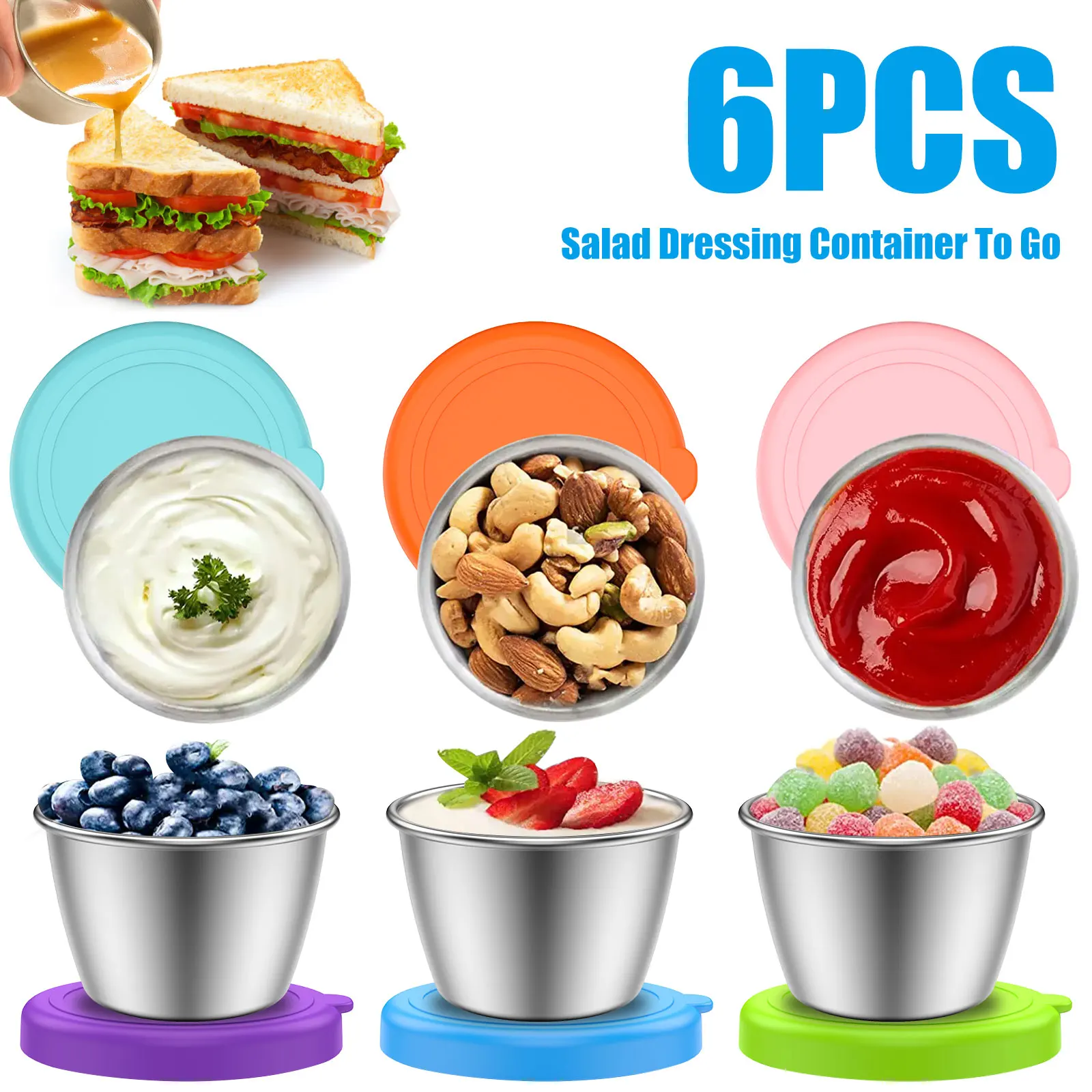 70ML 6Pcs Salad Dressing Container Set Portable Stainless Steel Small Condiment Containers with Silicone Lids Leakproof Dipping