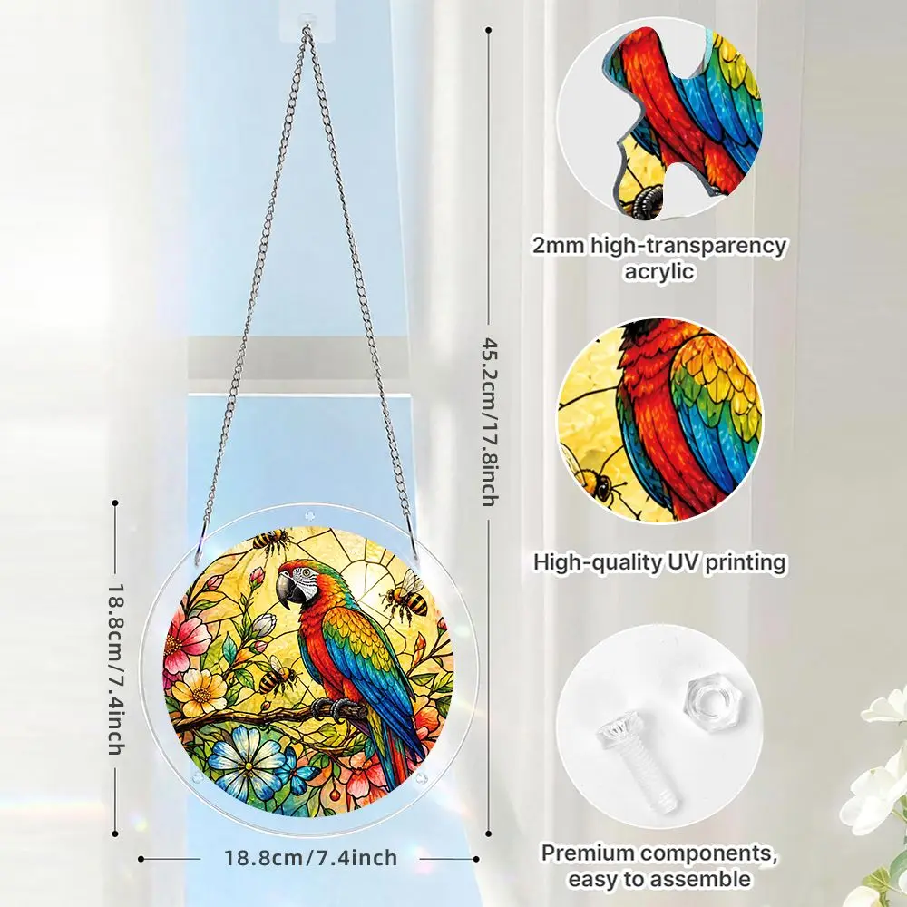 Parrot And Bee Floral Stained Glass Style Acrylic Puzzle Garden Suncatcher, 57 Pieces Acrylic Jigsaw Puzzle Ornaments