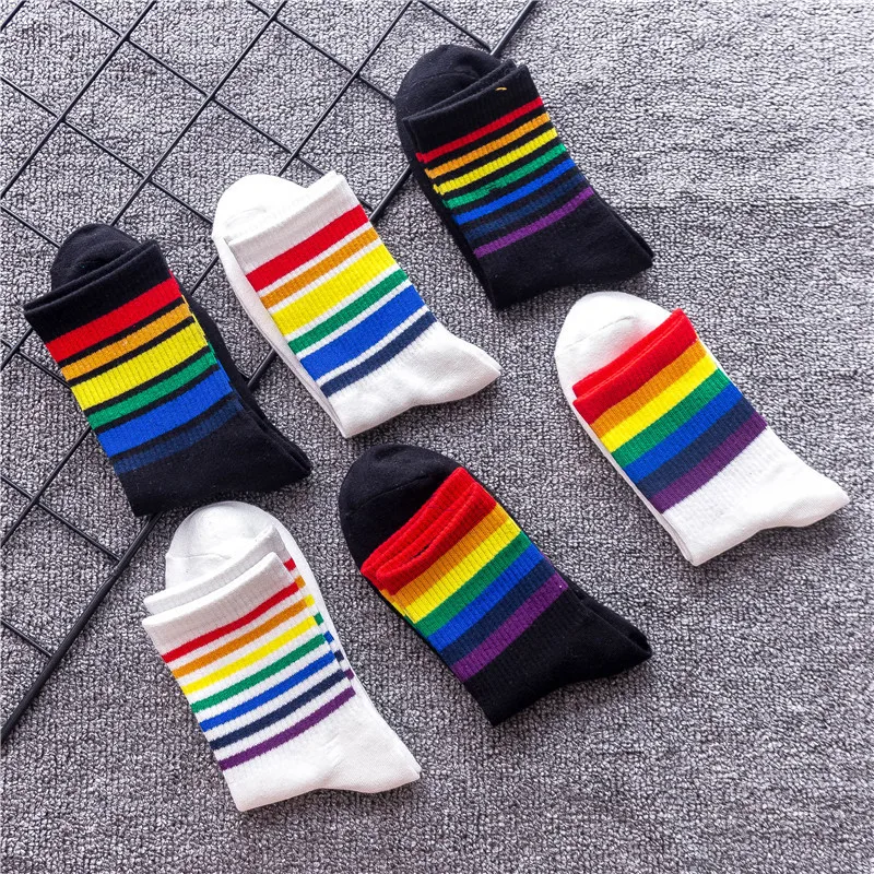 Combed Pairs Cotton 3 Women's Socks Black White Rainbow Stripe Socks Casual Sport Korean Fashionable Trend Middle Tube Socks