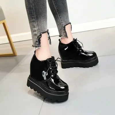 2021 High Platform Patent Leather Casual Shoes Women Autumn Wedge Trainers For Women 12 CM Height Increasing Sneakers Black