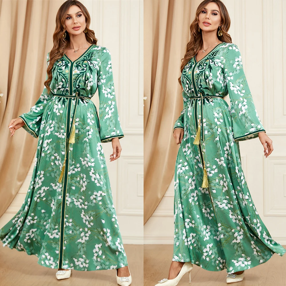 Vestido islámico árabe con bordado Floral para mujer, traje musulmán con cinturón para fiesta de noche, Ramadán, Jalabiya, Abaya