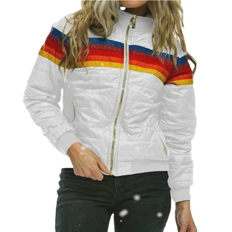 women's Short Cotton wool collar rainbow printed jacket coat Soft Plush Warm Padded Outerwear