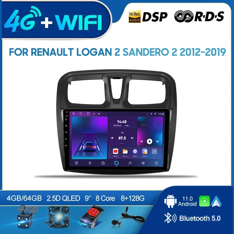 QSZN FOR Renault Logan 2 Sandero 2 2012-2019 2 din Android 12.0 Car Radio Multimedia Video Player GPS Navigation 4G Carplay head