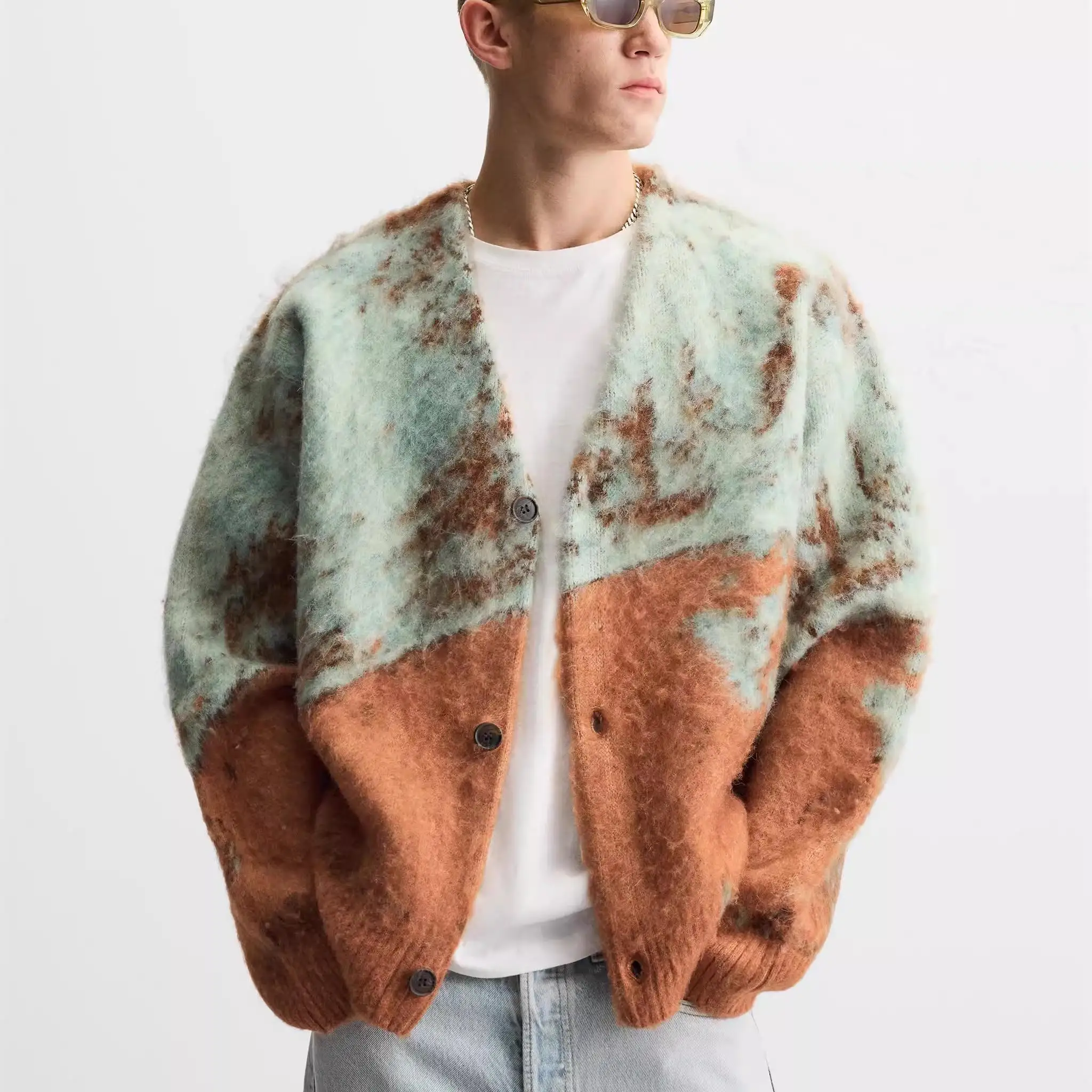 Autunno 2024 Faion da uomo Loose Fit Long Sve V-Ne Cardigan aperto Nuovo arrivo Color Blo Design Urban Sle maglione lavorato a maglia