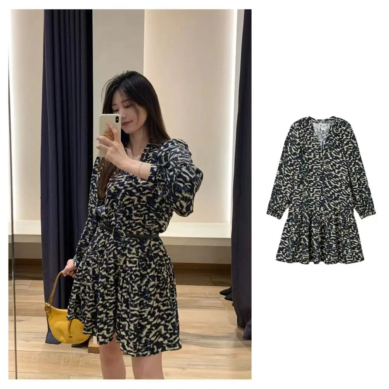 

French Style Long Sleeve Dress Silk Print Low Waist A-Line Skirt Midi Dress Autumn Season Paris Ba Dress Medium Thickness