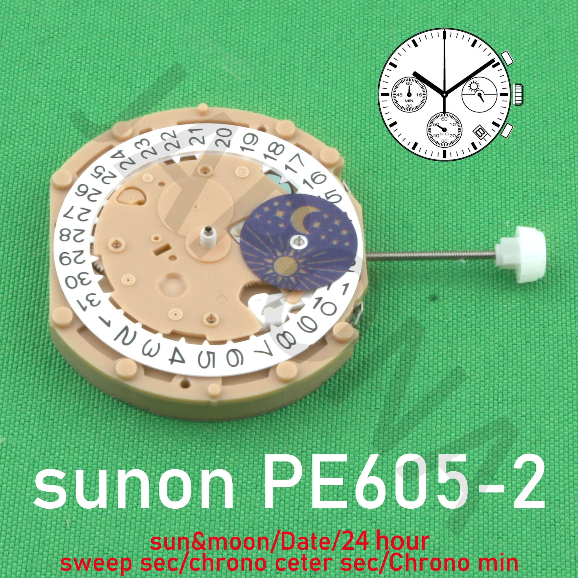 PE605-2 movement SUNON PE60 Quartz Watch movement sweep second chronograph chrono center second/Chrono min/Date/24 hour/sun&moon