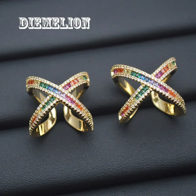 Luxuriöse große Kreuz-X-Form-Fingerringe für Frauen, voll gepflastert, schillernder Regenbogen-Zirkonia, goldfarben, verstellbar, edler Schmuck