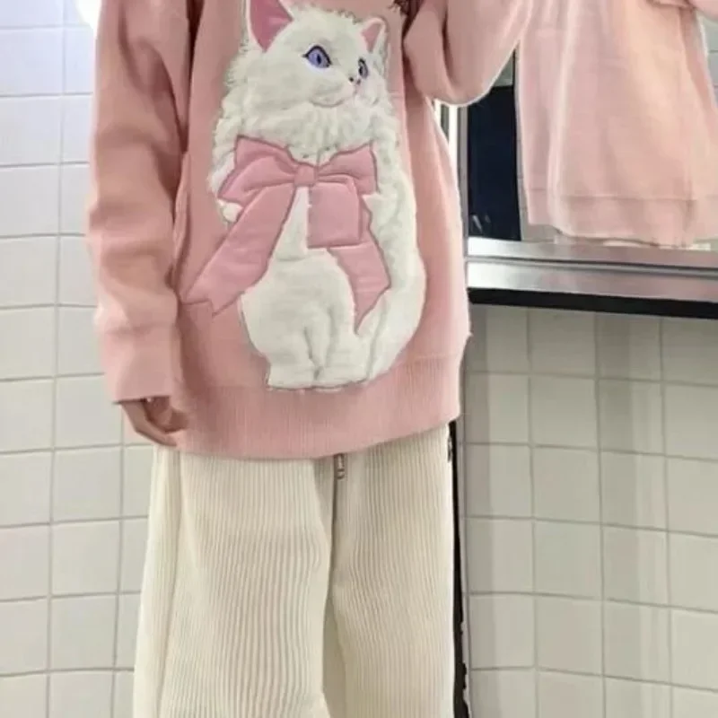 Neploe-suéteres Kawaii de gato rosa para Mujer, jerséis cálidos gruesos, Y2k e-girl, tops sueltos de longitud media, Otoño, nuevo, 2024