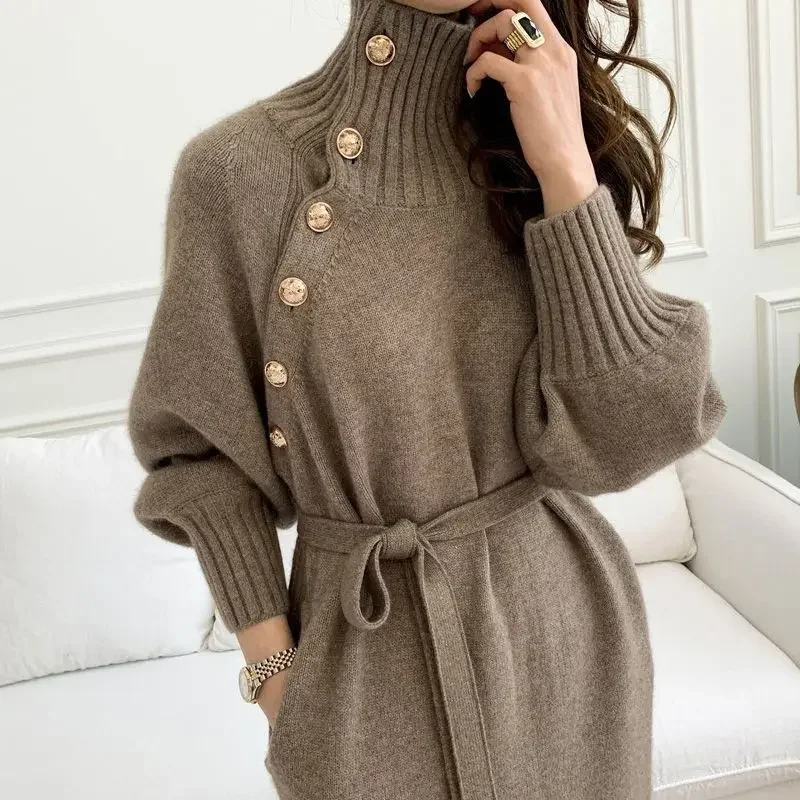 Apricot Loose Woman Dress Clothes Maxi Evening Robe Turtleneck Long Dresses for Women Knitted Brown Crochet Korean Style Beach