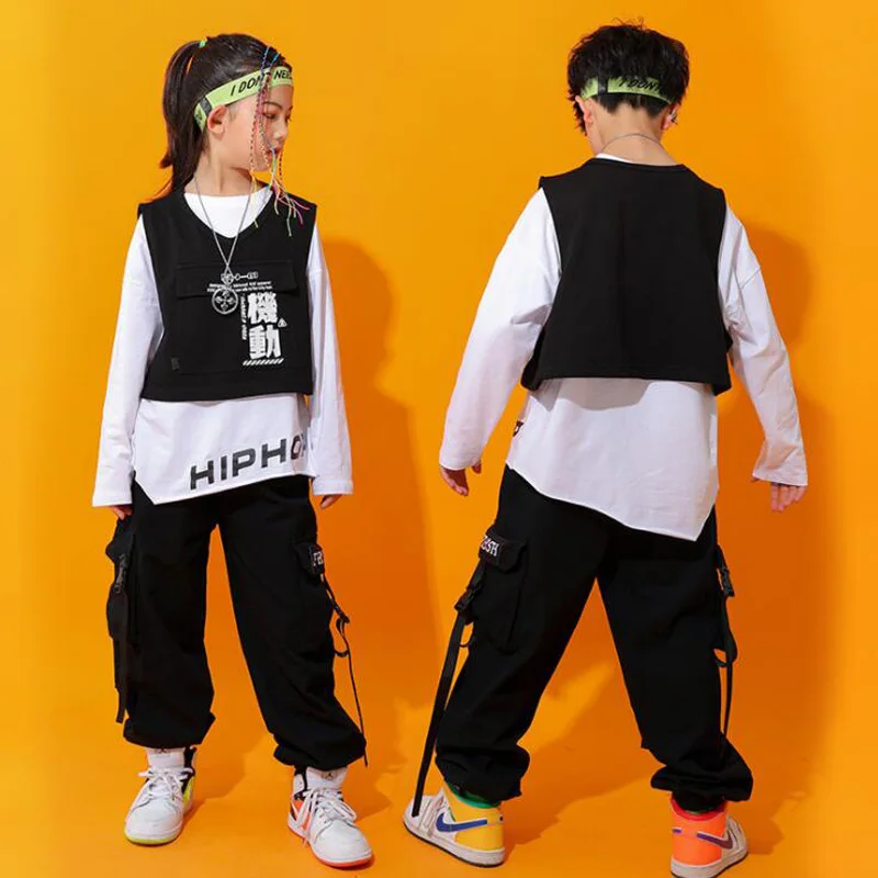 Tops Streetwear Cargo Pants For Girls Boys Jazz Dance Costumes Clothes Kids Cool Hip Hop Clothing Strap Oversized Sweatshirt