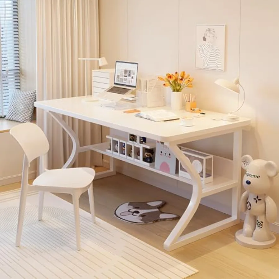 Small Computer Desk 47.2 Inch with Bookshelf for home office, engineered wood, white, space-saving design with adjustable shelf