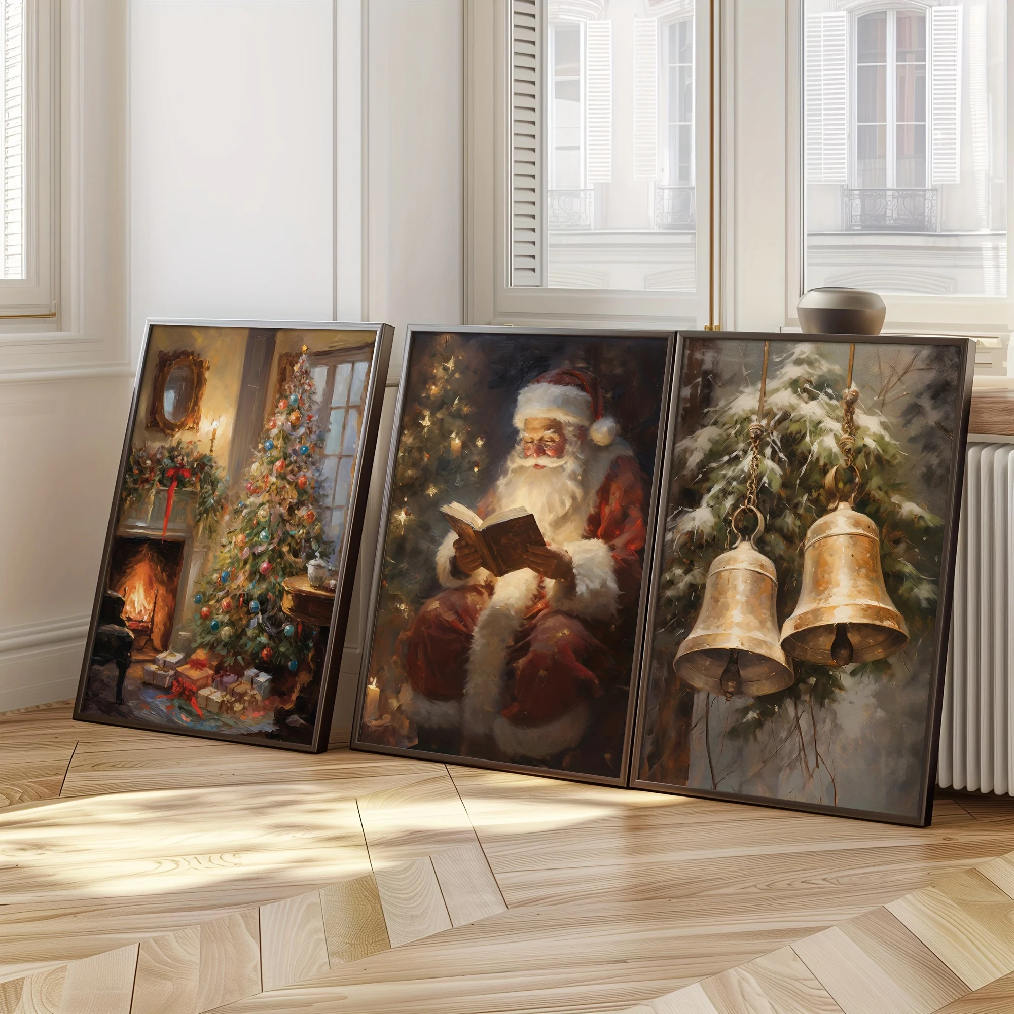 3pcs/set Santa Claus Reading Book Christmas Tree Canvas Print Jingle Bell Winter Christmas Wall Art Poster for Modern Home De