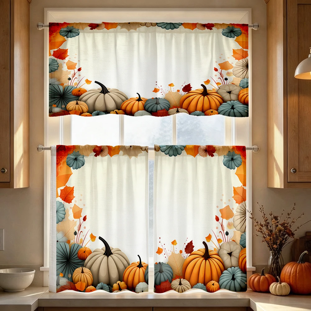 Thanksgiving Fall Kitchen Curtains, Blue Orange Pumpkin, Digital Print, Kitchen Dining Room, Rod Pocket Polyester, Home Decor