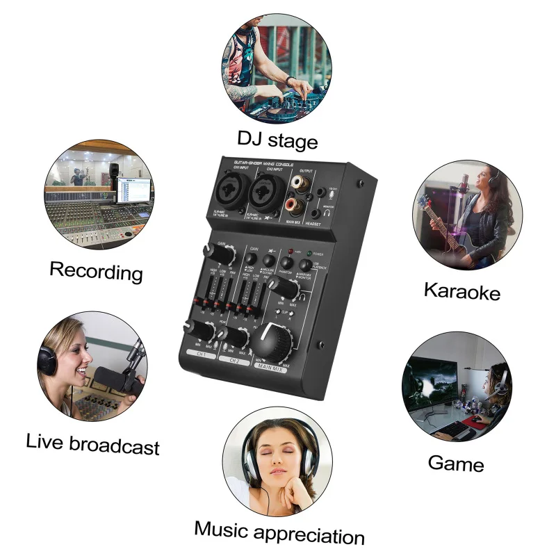 Mini 3-Channel Sound Card Mixing Console Digital Audio Mixer 48V Phantom Power USB for Home Studio Record Live Broadcast Karaoke