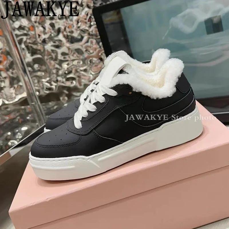 2024 Winter Thick Sole Hairy Fur Flat Shoes Women Brand Round Toe Lace Up Plush Sneakers Casual Warm Wool Platform Shoes Female