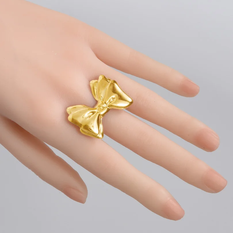 女性用ステンレススチールボウチャームリング、本物の金メッキ、オープンアジャスタブルリング、女の子用のエレガントなジュエリー、女性用アクセサリー