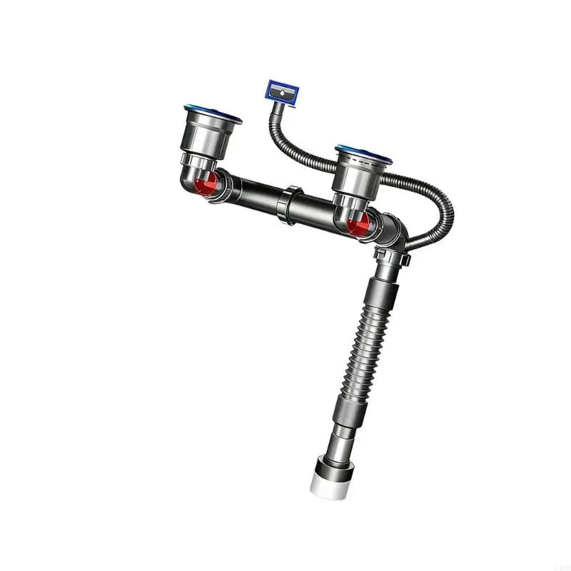 Efficient 2 Slot Kitchen Sink Drain Steel Double Channel Sink Drain Pipe System Easy to Use for Reliable Daily Use L43B