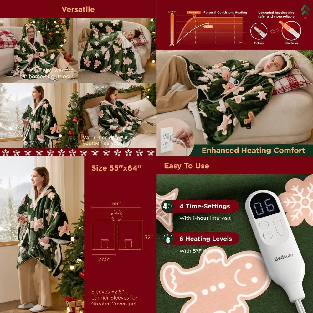 

Electric Sherpa Hoodie Blanket with Auto-Off, 55x64 in, Green Gingerbread Pattern for Women's Winter Gifts