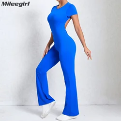 Mileegirl damskie spodnie do jogi z odkrytymi plecami zestawy jednoczęściowy kombinezon sportowy rozkloszowany siłownia dres fitness trening Scrunch body pajacyki