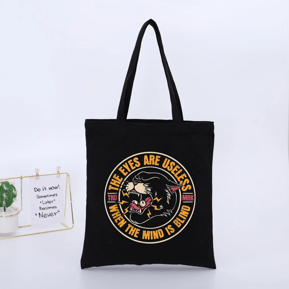 Men's Black Canvas Tote Bag with Panther Graphic and Typography Print, Urban Style for Daily Use and Casual Outings