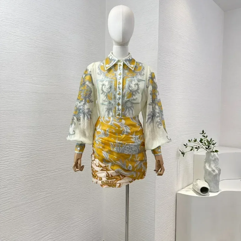 Silk linen summer 2024 high quality position floral print long lantern sleeve blouse and folds skirt women vintage sets