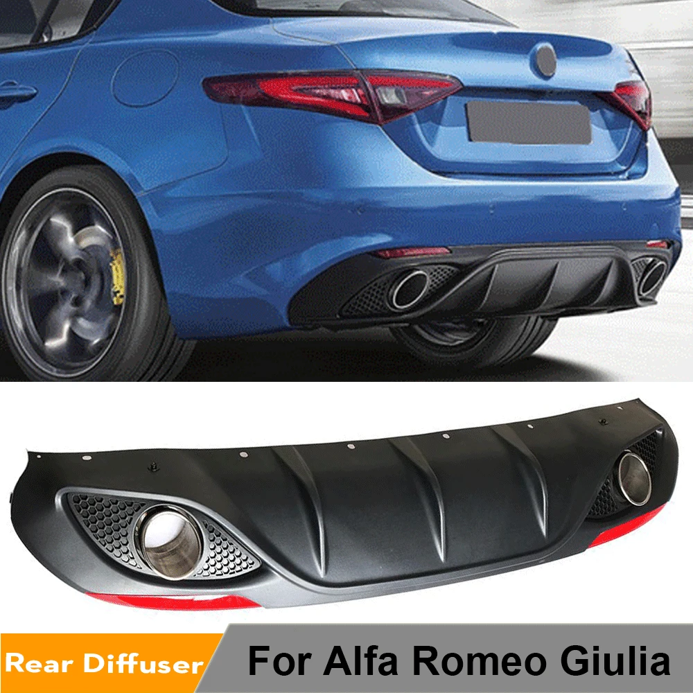 Black PP Car Rear Bumper Lip Diffuser Spoiler With Exhaust Tips for Alfa Romeo Giulia Sedan 4 Door 2016 2017 Quadrifoglio TI