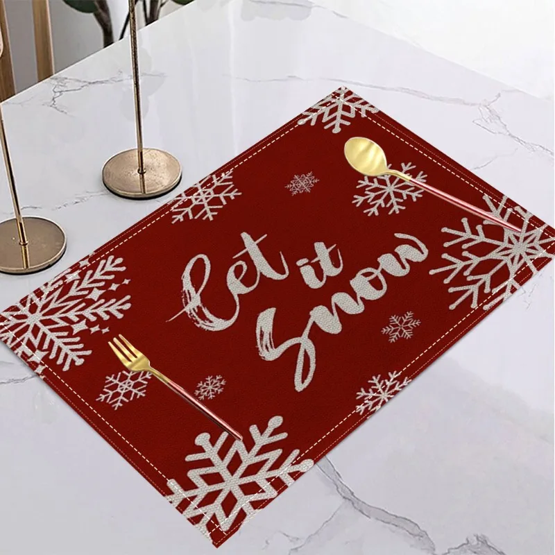 Christmas Red Linen Placemat Table Coffee Mat Spiral Tree Candy Cane Snowflake Stocking Let It Snow Merry Xmas Decor Kitchen