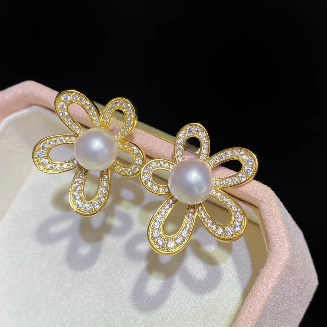 Flower Shape 925 Sterling Silver Earrings Mount Findings Settings Base Mounting Parts Accessory for 7-8mm Pearls 5 pairs/lot