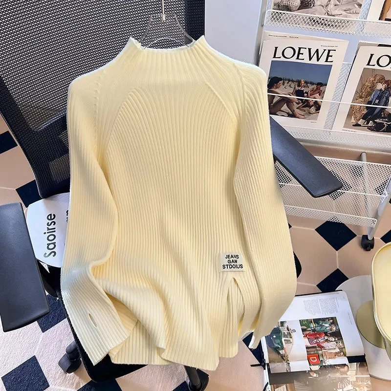 2024 Women Solid Half High Collar Cashmere Sweater Autumn Winter Loose Plus-Size Knitted Wool Casual Sweater Bottoming Shirt